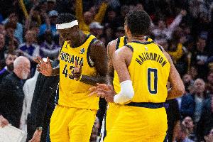 步行者本次季后赛7次首发客场作战全部得分上双 历史最多