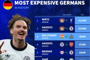沃尔特马德是德国历史转会费超5千万欧的第5人，维尔茨1.25亿最贵