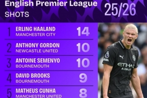 新赛季英超射门榜：哈兰德14次居首，B费、库尼亚、佩德罗在列