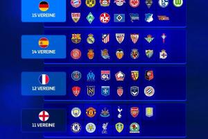 欧冠改制后五大联赛参赛排行：德甲15队居首，英超、意甲11队最少