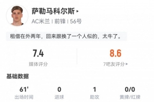 突然开窍！萨勒马科尔斯数据：1射1正，5次关键传球！评分7.4