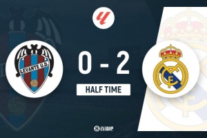 半场-皇马2-0莱万特 维尼修斯右脚外脚背破门+传射马斯坦托诺首球