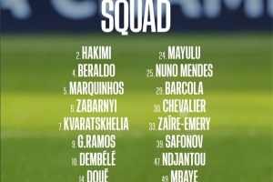 巴黎欧冠客战勒沃库森大名单：登贝莱在列，马尔基尼奥斯坐镇防线
