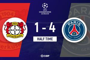 半场-巴黎暂4-1勒沃库森 安德里希、扎巴尔尼染红K77传射杜埃双响